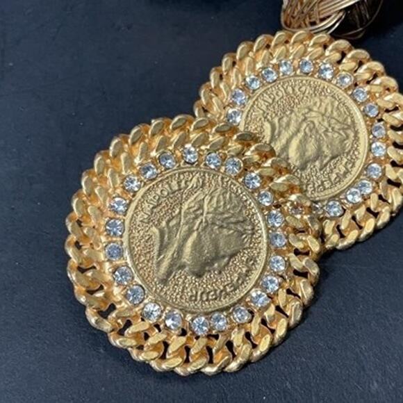 Vintage “Napoleon Empereur” Coin Rhinestone Earrings Gold Tone Clip On - Picture 1 of 3